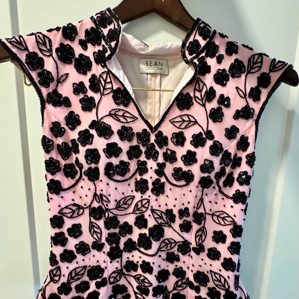 Sean Collection Pink Dress with Black Sequin Floral Embroidery